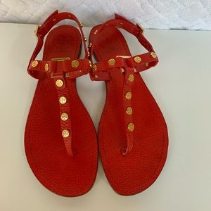 Tory Burch Red Sandals with Gold Tory Emblems